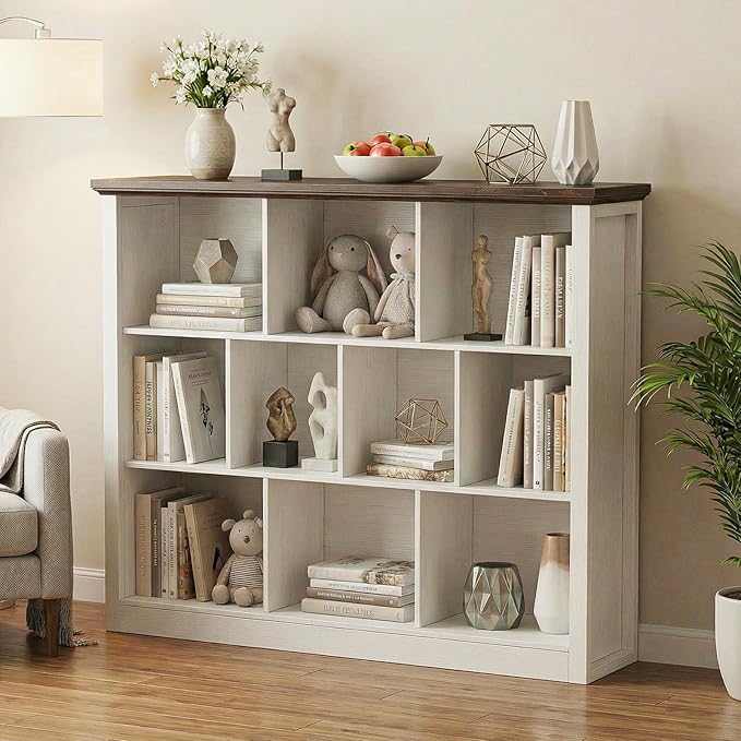 Unikito 10 Cube Storage Book Shelf - 50" Wide Wood Cube Storage Organizer, Wooden 3 Tiers Floor Standing Low Bookcase for Living Room, Bedroom, Home Office, Kids Room, Rustic White and Brown