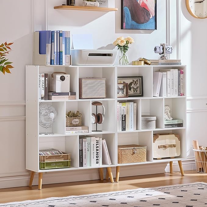 LEYAOYAO Cube Bookshelf 3 Tier Mid-Century White Modern Bookcase with Legs,Retro Wood Bookshelves Storage Organizer Shelf,Freestanding Open Book Shelves for Bedroom,Living Room,Office