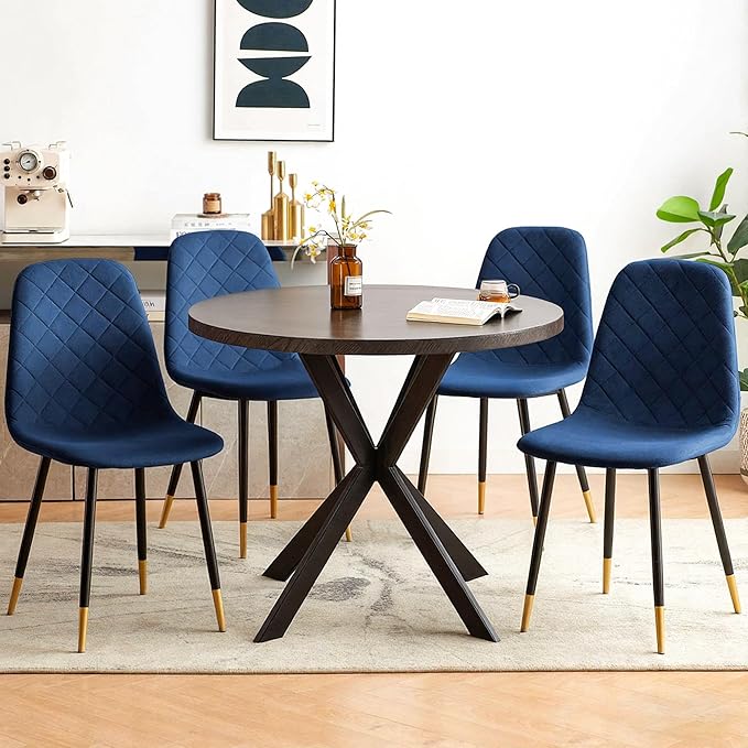 Mid Century Black Round Dining Table Set for 4, 37" Modern Small Kitchen Circle Table & 4 Velvet Side Chairs, Space Saving, Dinette for Home, Apartment, Dining Room, Navy Blue