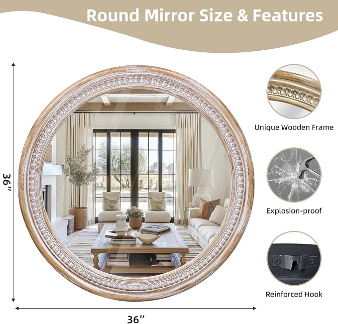 HOITUZYUS 36 Inch Rustic Farmhouse Round Mirror for Wall Decor, Boho Wooden Circle Decorative Mirrors for Bathroom Over Sink, Living Room, Entryway, Bedroom, Hallway