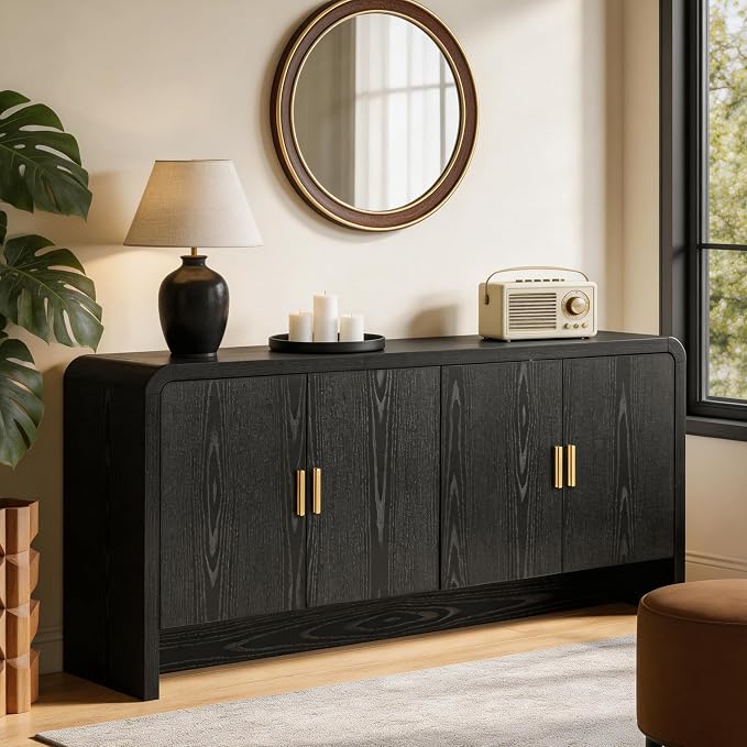 Finnhomy 68'' Sideboard Buffet Cabinet with Storage, Curved Design Credenza Storage Cabinet with 4 Doors, Console Cabinet for Kitchen, Living Room & Hallway, Black