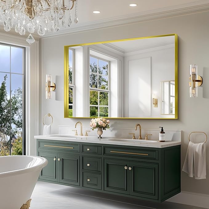 CIRCUMI Gold Bathroom Mirror, 40"x60" Rectangular Mirror with Deep Metal Frame, Brushed Finish, Tempered Glass, Large Mirror for Wall, Over 2 Sinks, Installed Vertically/Horizontally, Crystal-Clear