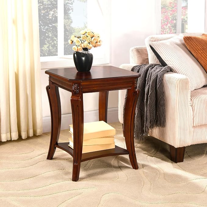 2-Set Solid Wood Side Table with Storage Shelf, 2-Tier Square End Tables Living Room, Traditional Style End Table, Vintage Beside Table with Curved Legs and Printed Tabletop, Cherry Walnut 1168WD
