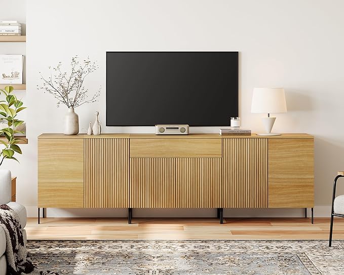 WAMPAT 94.5" Buffet Sideboard Cabinet with 1 Drawer & 6 Doors, 3-in-1 Fluted Storage Cabinet with Adjustable Shelves, Modern Buffet Table Coffee Bar Wine Bar Cabinet for Dining Room, Living Room, Oak