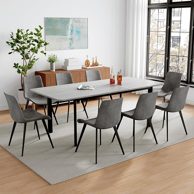 63"- 78.7" Extendable Dining Table Set for 8, Modern Kitchen Table with Dining Chairs for 6-8 Person, Thickened Expandable MDF Wooden Table with Metal Legs for Dining Room, Kitchen