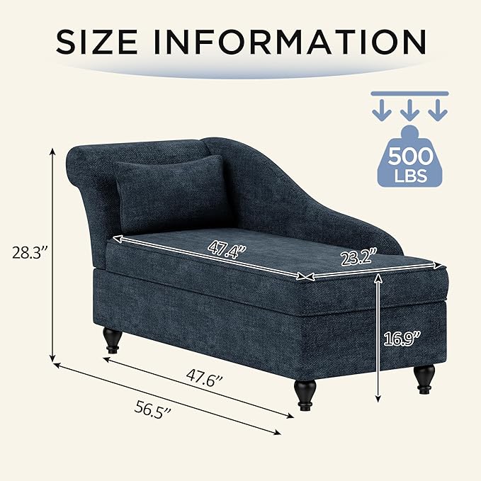 Storage Chaise Lounge Indoor, Upholstered Chaise Lounge Chair with Storage for Bedroom Living Room Office Blue Chenille Fabric (Left Armrest)