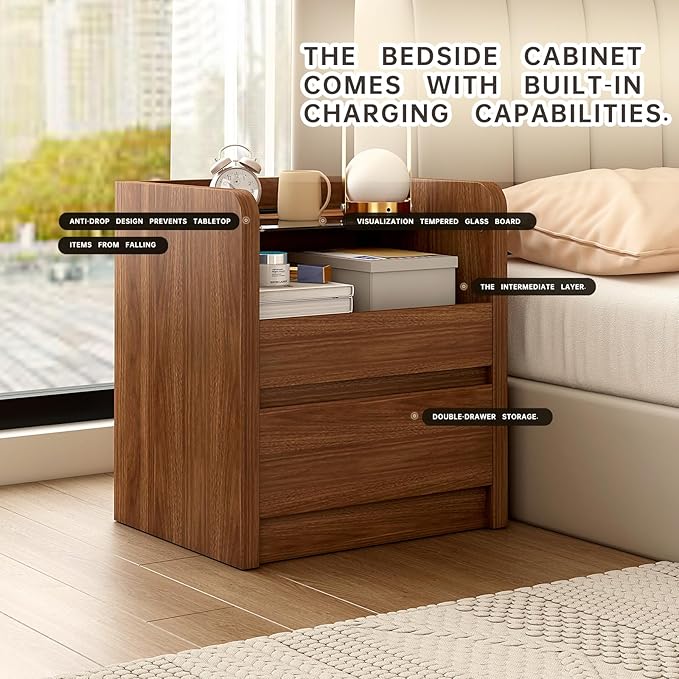 Walnut Nightstand with Charging Station, 20 Inch Wide Night Stand with Deep Drawers, Modern Bedroom Bedside End Table with Round Corners & Reinforced Panel Design for Dorm, Sofa, Office