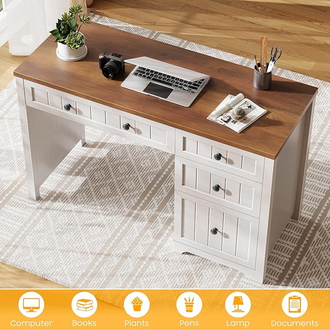 Vabches Farmhouse Executive Desk with 4 Drawers, Home Office Desk with File Drawer, Wood Computer Desk with Storage, Rustic Office Desk for Work Study Writing, Brown White