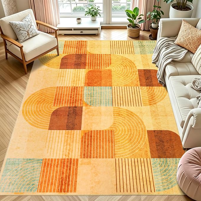6x9 Area Rugs for Living Room, Soft Modern Geometric Rug for Bedroom, Washable Non-Slip Indoor Floor Abstract Carpet for Dining Room Nursery Home，Multi/Orange