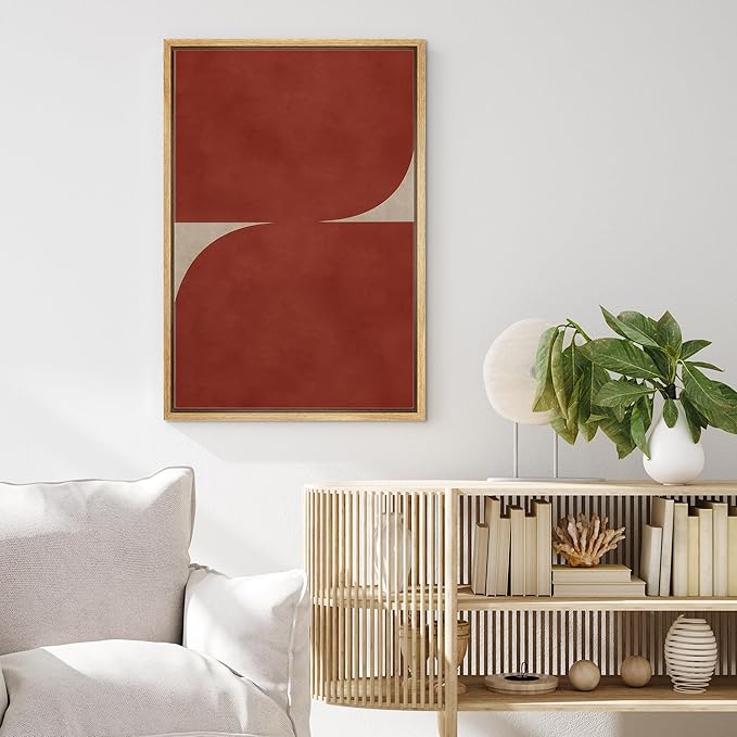 MUDECOR Framed Canvas Print Wall Art Modern Geometric Curve in Deep Red and Taupe Illustrations Fine Art Mid-Century Modern Multicolor for Living Room, Bedroom, Office - 16"x24" NATURAL