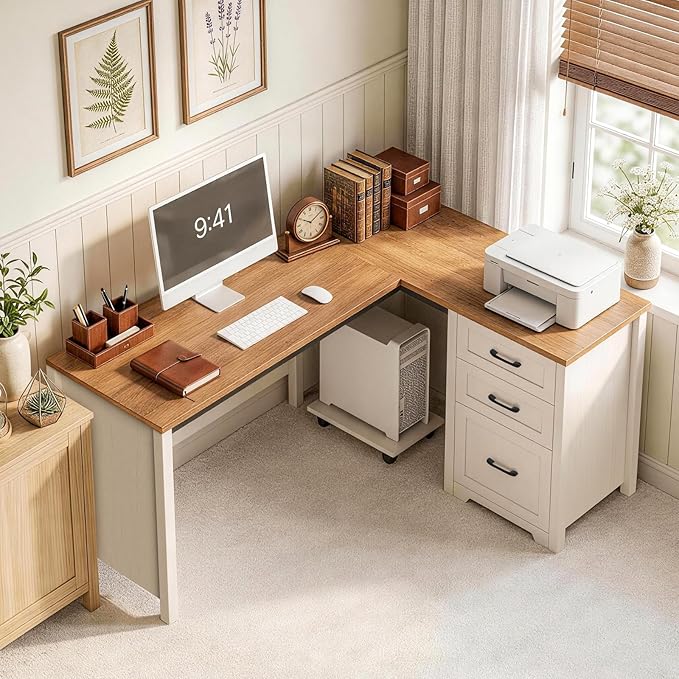 Vabches 61”Farmhouse L Shaped Executive Desk with File Drawers, Corner Computer Desk with Mobile CPU Stand, Wood Writing Computer Desk for Work, Study.Unique White