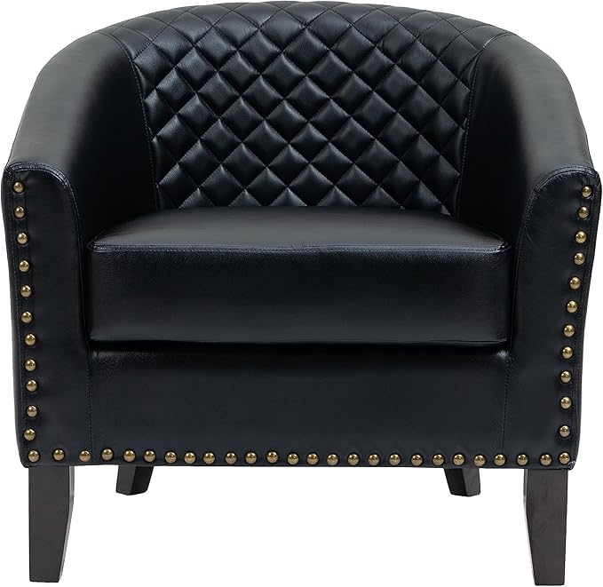 UIXE Faux Leather Barrel Accent Chairs Set of 2, Modern Club Upholstered Arm Chair, Comfy Armchair Nailed Trim Living Room Single Sofa Reading Seat Bedroom Side Sitting for Office, Black