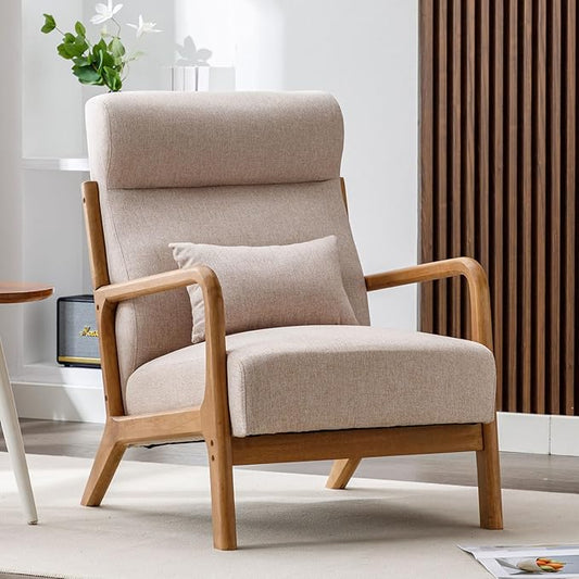 ANJ Mid Century Modern Accent Chair with High Back, Single Lounge Armchair with Solid Wood Frame, Comfy Reading Chair for Living Room, Easy Assembly