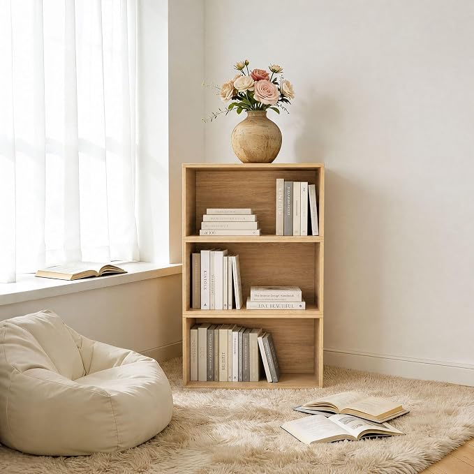 3 Cube Organizer Bookcase, Expandable Storage Shelves, Wooden Open Shelving Unit Book Shelf for Living Room, Office, Bedroom, Mid-Century Style Wood Furniture, Natural Oak Color (1 Set)