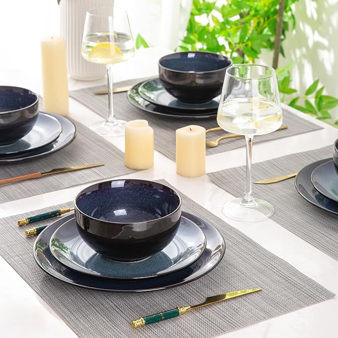 LeRatio Ceramic Dinnerware Sets for 6,Plates and Bowls Sets,Handmade Reactive Glaze Dishes Set,Chip Resistant and Scratch Resistant | Oven&Dishwasher & Microwave Safe-Blue(18PCS)