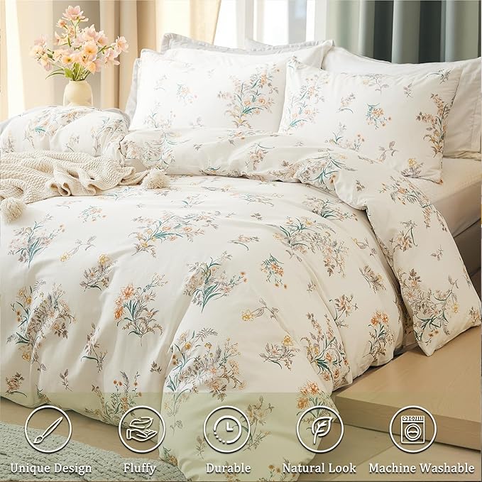 Duvet Cover Set King Size Vintage Style Garden Floral Duvet Cover 100% Cotton 3 Pcs Chic Floral Comforter Cover with Zipper Botanical Coquette Duvet Cover Set Ultra Soft & Breathable