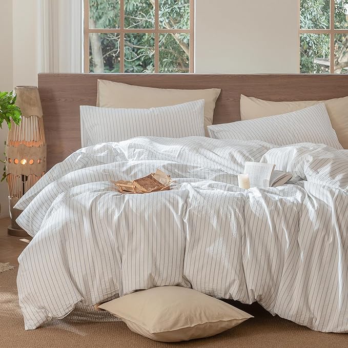 MooMee Striped Duvet Cover Set 100% Washed Cotton Linen Like Textured Breathable Durable Soft Comfy (White Cornflower Blue Wide Stripes, Palatial King/Oversized King 120"x98")