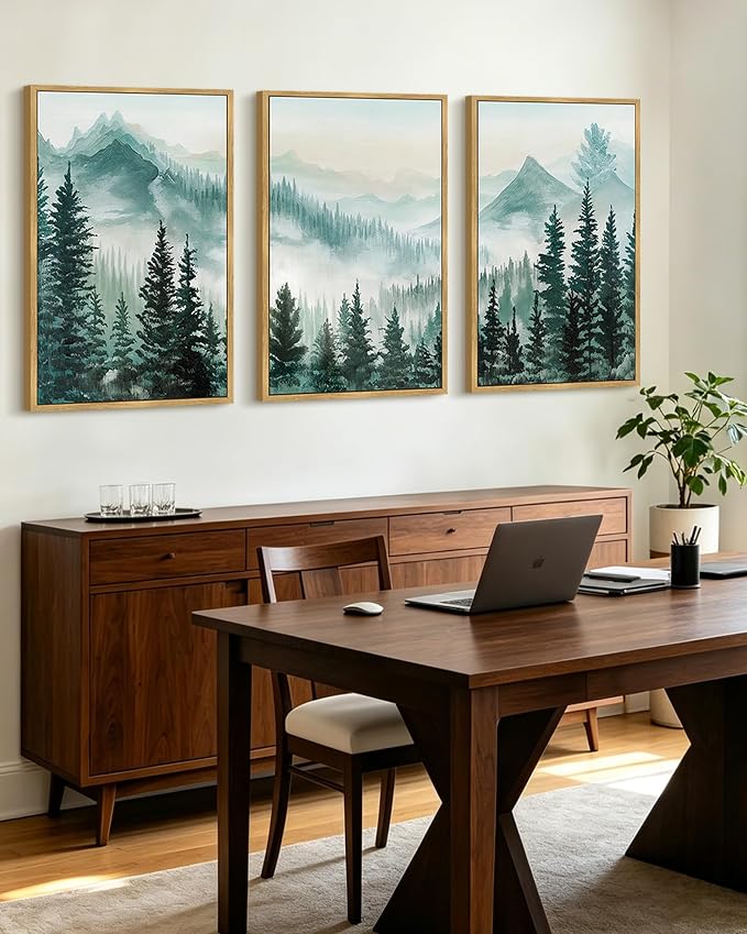 KUVIOKE Fog Pine Tree Mountain Landscape Framed Wall Art Watercolor Nature Misty Forest Painting Vintage Farmhouse Rustic Wall Decor for Bedroom Hallway 24x36in (Natural Framed)