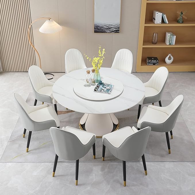 Round Marble Dining Table Set for 6-8, Kitchen Table Dining Room Table Set Petal Pu Leather & Metal Base (1 Table and 8 Grey Chairs)
