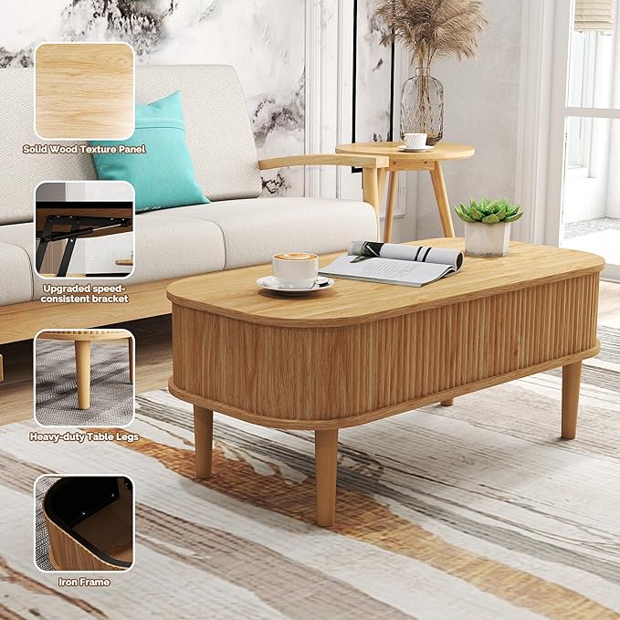 Fluted Lift Top Coffee Table with Hidden Storage, Oval Coffee Table with Lifting Top, Mid Century Modern Design for Living Room, Office & Small Spaces(Natural)