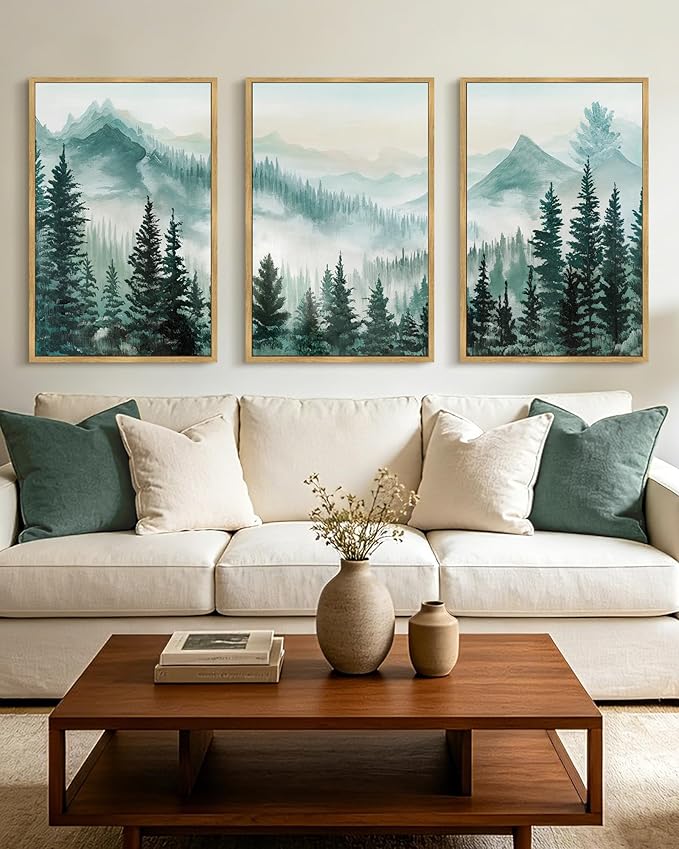KUVIOKE Fog Pine Tree Mountain Landscape Framed Wall Art Watercolor Nature Misty Forest Painting Vintage Farmhouse Rustic Wall Decor for Bedroom Hallway 24x36in (Natural Framed)