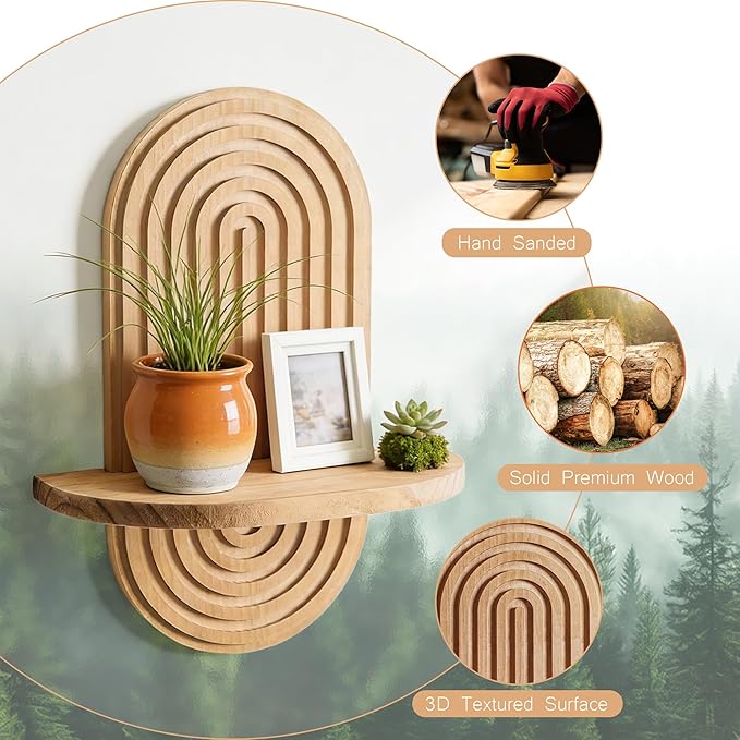 Set of 2 Boho Arched Floating Shelves 15.7”x 7.8”3D Wooden Hanging Shelf for Living Room Bedroom Nursery Mid Century Modern Wall Decor(Brown, 11.7 * 15.7)