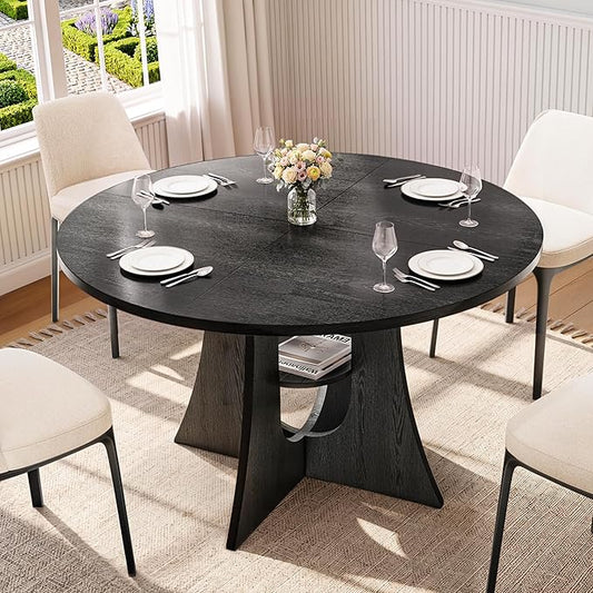 47" Round Dining Table for 4-6, Space-Saving Dining Room Table with Thick Tabletop and Sculptural Base, Wood Grain Dinner Table with Storage Shelf for Kitchen, Dining Room, Living Room, Black