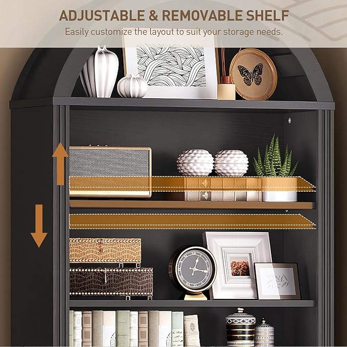 RALGEND Arched Bookshelf Set of 2, 75.8" Tall Arch Bookcase with Storage, 6-Tier Farmhouse Book Shelf, Arched Cabinet, Wooden Bookshelf with Open Display Shelves, Adjustable Shelf, Office, Black