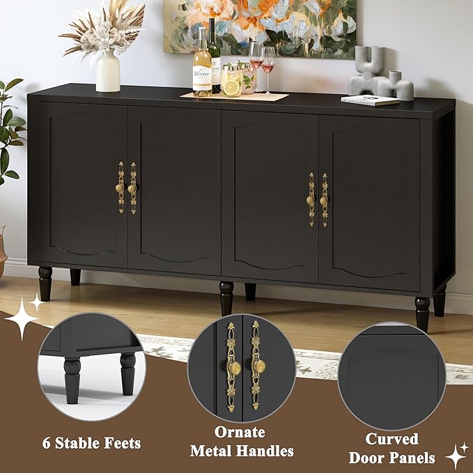63" Sideboard Buffet Cabinet with Storage, Mid Century Modern Credenza with Adjustable Shelves & Carved Handles, Large Kitchen Buffet Table Coffee Bar for Dining Room & Living Room - Black