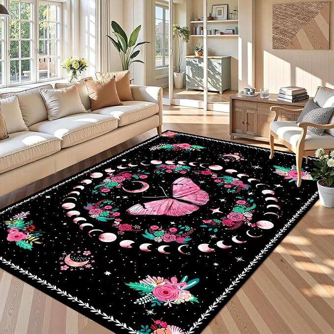 Pink Butterfly Area Rug 5'x7' Moon Phase Floral Rugs for Bedroom Living Room Kitchen Nursery Playroom Home Decor Boho Gothic Butterfly Carpet Non-Slip Washable Floor Mat