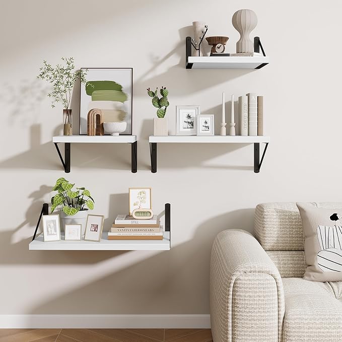 Deep Wall Shelves 16"W x 12"D Engineered Wood Floating Shelves for Wall, Sturdy Metal Bracket Bookshelves Home Decor Storage for Living Room Bedroom Bathroom Kitchen, Set of 2, White Finish