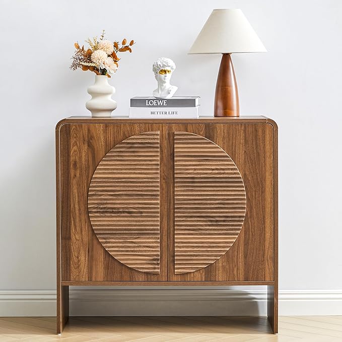 Turtle&Myrtle Fluted Sideboard Buffet Cabinet, Curved Storage Cabinet with 2 Doors and Adjustable Shelves, 31" Wide Mid Century Modern Accent Cabinets, Wood Credenza for Living Room, Kitchen, Brown