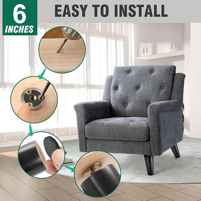 FoDau770 Black Rubber Wood Furniture Legs 6 Inches, Slant Tapered Wood Feet Mid Century Sofa Legs Set of 8, 5/16" UNC Furniture Feet Replacement Parts for Cabinet Couch Dresser Chair Ottoman Table