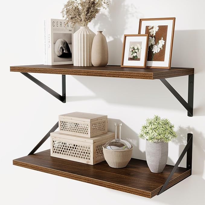 Deep Floating Shelves,24" Wx10 D Floating Shelf for Wall Set of 2,Hanging Storage Shelf with Metal Brackets,Wide Display Wall Shelves for Living Room,Bedroom,Bathroom,Kitchen,Walnut