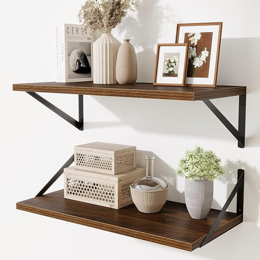 Deep Floating Shelves,24" Wx10 D Floating Shelf for Wall Set of 2,Hanging Storage Shelf with Metal Brackets,Wide Display Wall Shelves for Living Room,Bedroom,Bathroom,Kitchen,Walnut