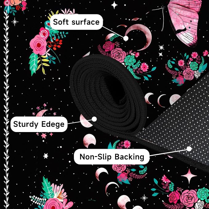 Pink Butterfly Area Rug 5'x7' Moon Phase Floral Rugs for Bedroom Living Room Kitchen Nursery Playroom Home Decor Boho Gothic Butterfly Carpet Non-Slip Washable Floor Mat