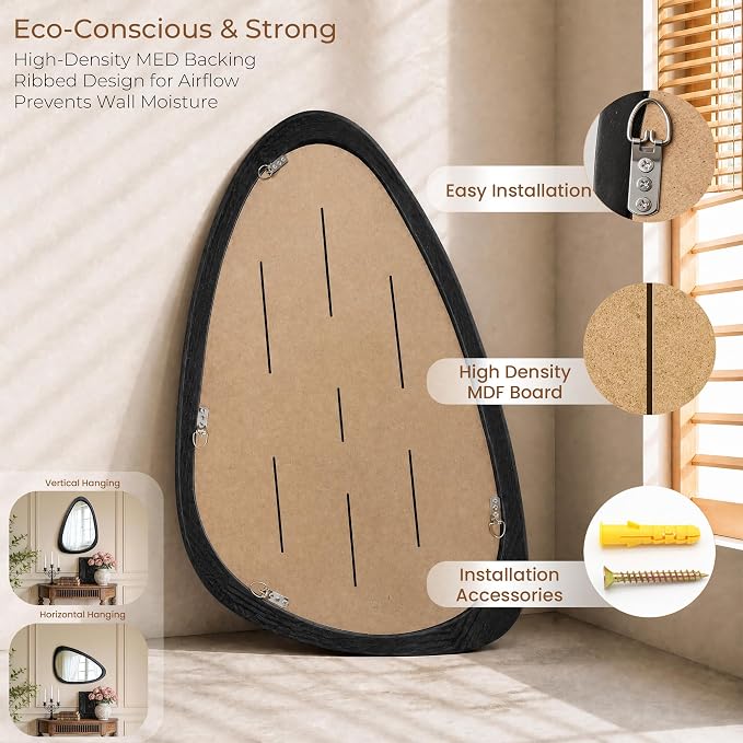 30" x 20" Asymmetrical Wall Mirror with Black Wood Frame, Irregular Wall Mirror for Bedroom Entryway Living Room, HD Tempered Glass, Horizontal or Vertical Hanging