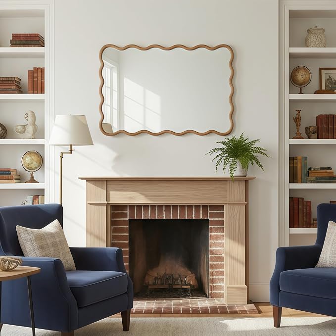 36x24 Inch Wooden Wavy Rectangle Wall Mirror, Modern Solid Wood Frame Decorative Accent Mirror for Bedroom, Bathroom, Living Room, Entryway, Natural Wood Color