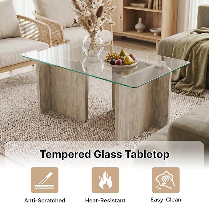 Modern Glass Coffee Table, 39.4 Inches Rectangular Center Tables for Living Room, Coffee Table with Wood Cross Base Easy Assembly Oak