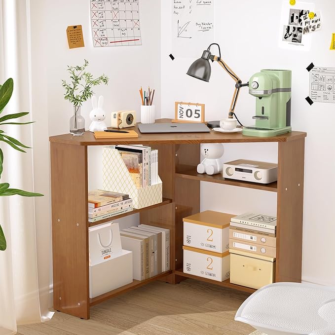 31.5” Small Corner Desk with Storage - L Shaped Desks with Storage, Solid Wood Desk with Shelves, Corner Computer Desk for Small Spaces, Writing Desk for Bedroom&Home Office - Walnut