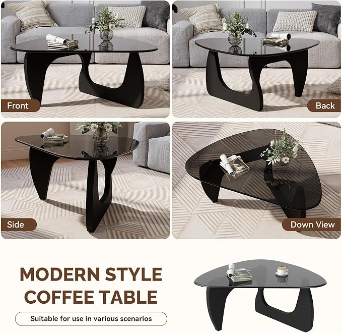 Modern Glass Coffee Table, Triangle Center Table with Tempered Glass Top& Unique Wooden Base, 42.5” Mid Century Tea Tables for Living Room, Apartment, Office,Black & Grey