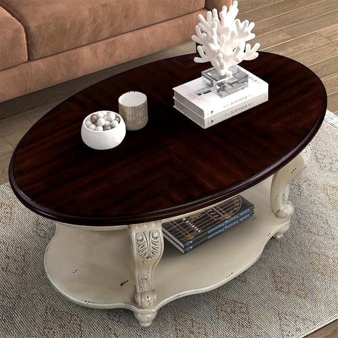 42'' Oval Wood Coffee Table for Living Room, Mid Century Farmhouse Circle Coffee Tables for Apartment, Easy Assembly Traditional Coffee Table Centre Table Retro Cocktail Table, Beige&Cherry