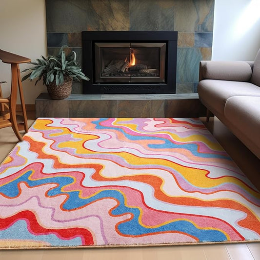 Colorful Pink Blush Rug Washable, Ultra Thin Flatweave 3x5 Small Throw Carpet Non Slip for Kitchen Entryway Indoor Bedroom Bathroom, Groovy Aesthetic Funky Accent Nursery Rug