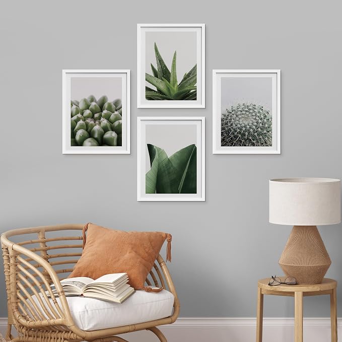 SIGNWIN Framed Tropical Island Wall Art, Set of 4 Green Desert Plant Cactus Snake Plant Wall Decor Prints, Nature Wilderness Wall Décor for Living Room, Bedroom - 8"x10" White