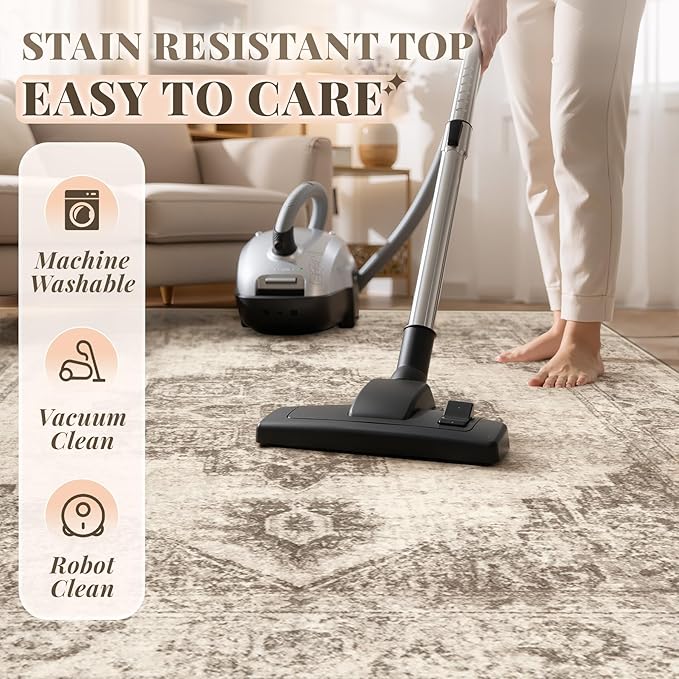 Area Rug 5x7 Vintage Rugs: Washable Indoor Medallion Rug Low Pile Distressed Floor Carpet Retro Accent Rugs for Living Room Bedroom Kitchen Dining Table Home Office(Taupe, 5'x7')