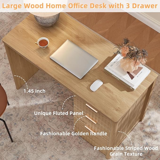 LEYAOYAO Office Desk 48" with 3 Drawers Storage File Cabinet Wood Fluted Desk for Computer Office Bedroom Home Furniture Natural