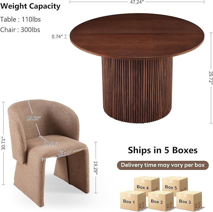 NORDICANA 5-Piece Round Dining Table Set for 4, Rustic 47-Inch Kitchen Table and Chair Set, Dining Set with Brown Upholstered Armchairs, Manufactured Wood Top with Walnut Veneer
