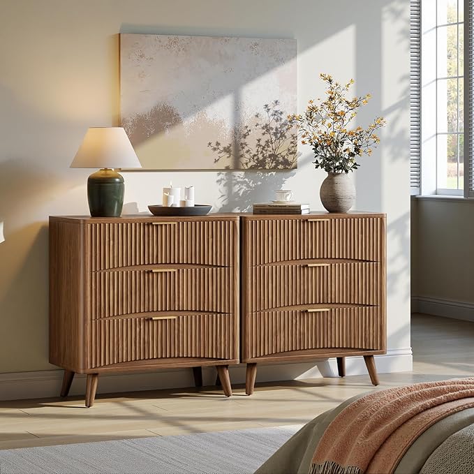 Evermagin 31.5" W Oversized Nightstands Set of 2, Walnut Fluted Night Stand, Tall Large 3 Drawer Bedside Table, Mid Century Modern Bedside Table for Bedroom