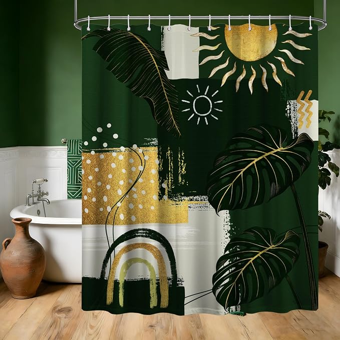 Green and Gold Mid Century Modern Shower Curtain Bohemian Abstract Shower Curtains for Bathroom Decor Sets, Waterproof Cloth Fabric with Hooks, 72x84 Inch