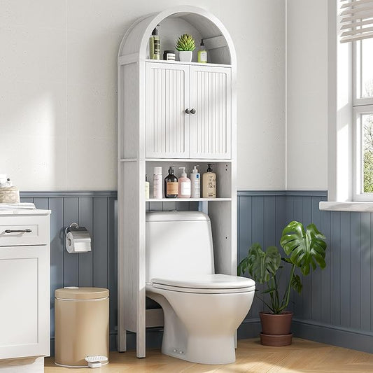White Over The Toilet Storage Cabinet with Fluted Doors, Arched Bathroom Cabinet with Adjustable Shelf, 4 Tier Small Bathroom Shelf Organizer, Narrow Slim Toilet Rack, Wood, Anti-Tipping Device
